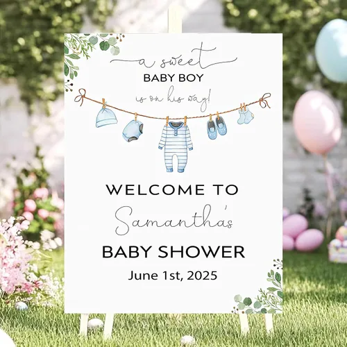 Vista 12 de Letrero de bienvenida con texto en inglés «We Can Bearly Wait Baby Show» para niño, tema de globo de oso de peluche azul Style#1
