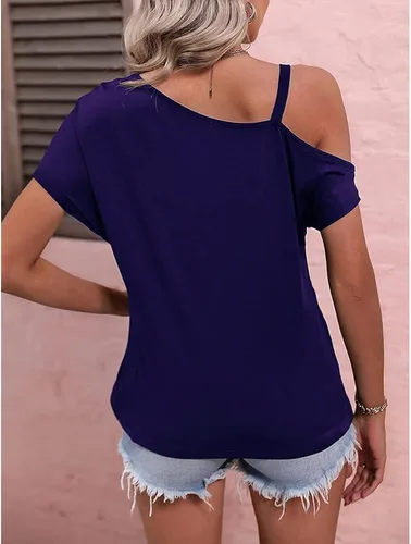 Vista 4 de Blusa sexy de manga corta para mujer, con hebilla de metal, asimétrica, con correa de hebilla de metal