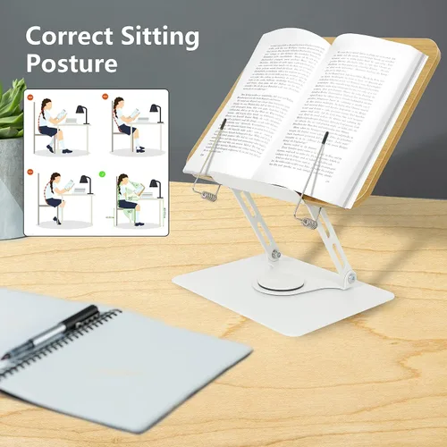 Vista 5 de Soporte de libro para lectura, soporte de libro con base giratoria de 360° para leer manos libres, soporte de libro de cocina, soporte de base