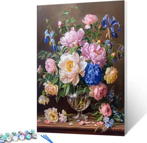 Vista 12 de Pintura de bricolaje por números Flores rosadas - Kit de pintura para adultos estilo vintage sobre lienzo