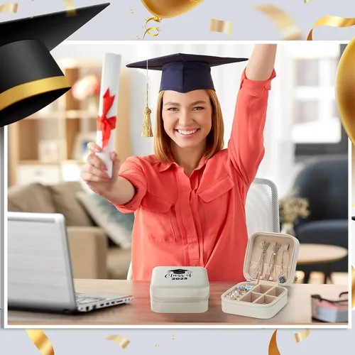 Vista 5 de Nuanchu 4 cajas de joyería pequeñas de cuero sintético para clase de 2023, regalos de graduación para ella, estuche de aretes de viaje, organizador