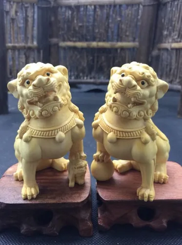 Vista 5 de Feng Shui - Par de estatuas de perros Fu Foo, adornos de estatua de Kylin de madera maciza, protección de energía malvada, estatua de Pixiu/Piyao