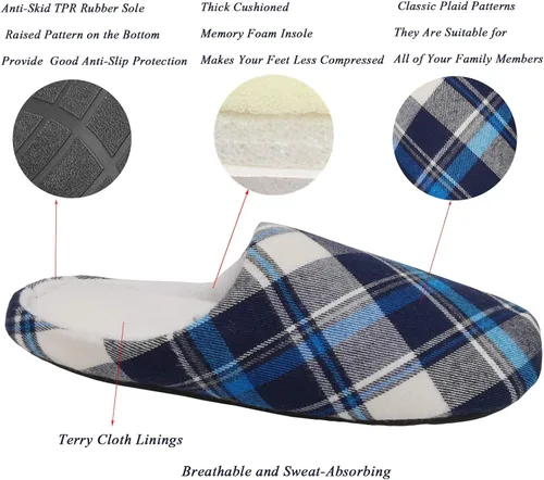 Vista 2 de ofoot Mens & Womens Cotton Memory Foam House Slippers Bedroom Slip On Shoes Tartan Plaid Retro Style Anti Skid Rubber Outsole