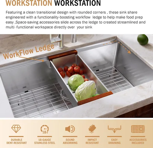 Vista 6 de Fregadero de cocina moderno con estación de trabajo de calibre 18 de 30 pulgadas, fregadero de cocina R10 de acero inoxidable de radio ajustado
