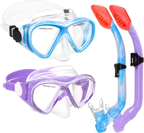 Vista 13 de 2 Sets Snorkeling Gear for Kids, Kids Snorkel Set for Ages 6-14, Dry Top Snorkel Mask Set for Youth Boys Girls Junior, Tempered Glass Diving