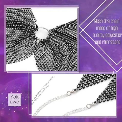 Vista 3 de Yokawe Sujetador de cristal sexy, cadena de cuerpo negro brillante con diamantes de imitación para bikini, brasier corto, fiesta, rave, festival