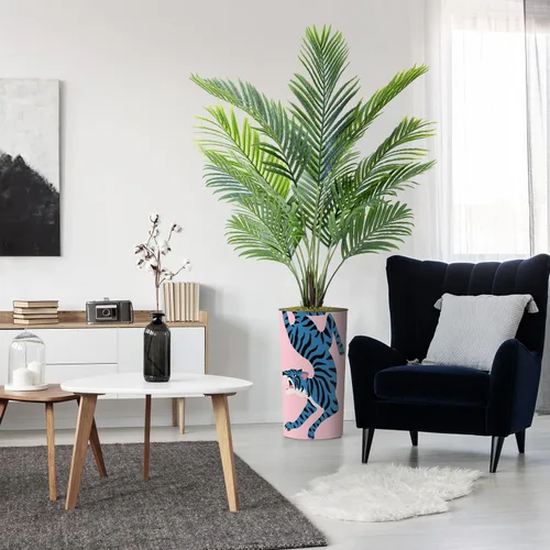 Vista 34 de Árbol artificial con diseño de hojas blancas y negras, palmera tropical areca artificial de seda para decoración del hogar en interiores y Diseño