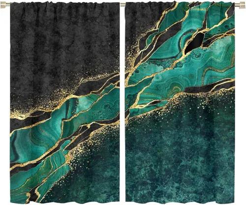 Vista 65 de Cortinas abstractas de mármol de lujo de lujo azul marino dorado a rayas con patrón de mármol estampado para dormitorio, sala de estar, cortinas