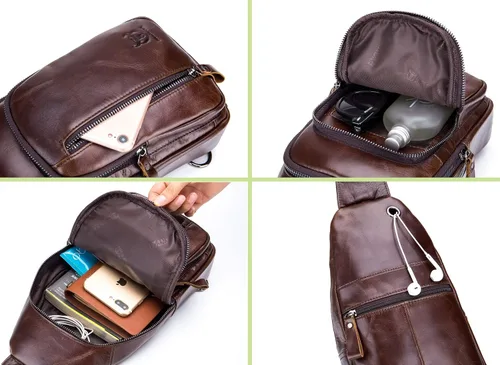 Vista 7 de BULLCAPTAIN Mochila bandolera de cuero genuino para hombre, mochila cruzada para viajes al aire libre, casual, mochila, Blcak