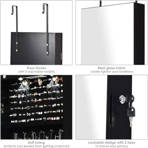 Vista 6 de Giantex Armario de joyería para puerta de pared con espejo de longitud completa 2 LED con cerradura grande organizador de joyas con espejo ancho