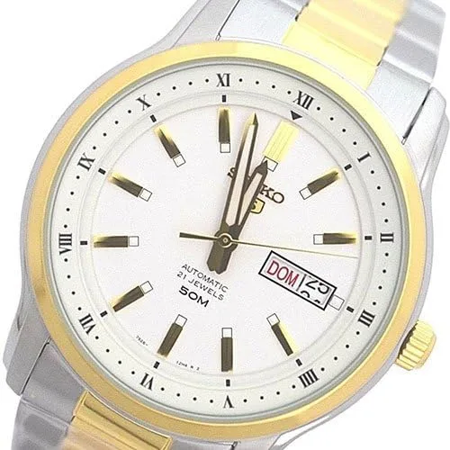 Vista 5 de Seiko 5 SNKP14 Reloj automático de acero inoxidable de 2 tonos con esfera blanca de 1640ft WR día fecha reloj automático