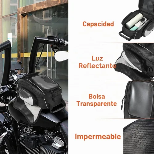 Vista 4 de Motoforti Universal motocicleta tanque magnético bolsa de herramientas combustible alforja con correa impermeable negro