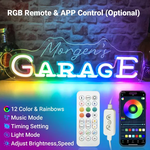 Vista 2 de Letreros de neón personalizados con nombre de garaje para decoración de pared con control remoto de temporizador, luz de neón LED de garaje