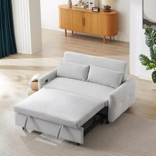 Vista 18 de Elegante sofá cama convertible de 54.7 pulgadas, sofá modular con cama extraíble con dos puertos USB y 4 almohadas, sofá biplaza para espacio