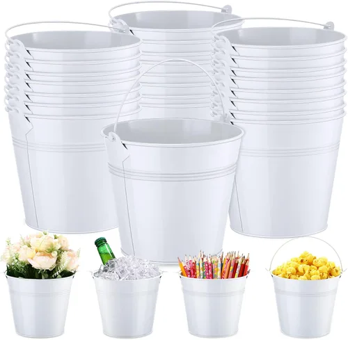Vista 10 de Rtteri 24 cubos pequeños de metal con asa, mini cubetas a granel para lápices para aula, graduación, fiestas, canastas de hierro para flores de Negro
