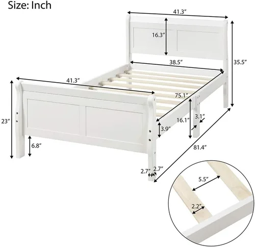 Vista 2 de Base de cama de madera, tamaño individual, plataforma con cabecero, estribo, soporte de listones de madera, base de colchón, muebles de dormitorio