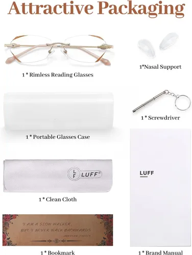 Vista 7 de LUFF Rimless Reading Glasses for Women,Blue Light Blocking Cmopute Reders Ultra-light 0.6oz Metal Cat Eye Framless +1.0 to +4.0 & other powers
