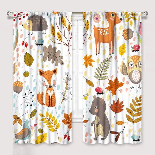 Vista 12 de YCness Cortinas para niños y niñas, diseño de animales de la selva, bosque de otoño, dibujos animados, ciervos, conejos, zorros, búhos, cortinas