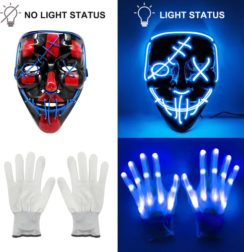 Vista 3 de Juego de 2 máscaras y guantes con luz LED de Halloween brilla en la oscuridad suministros de fiesta de disfraces para adultos