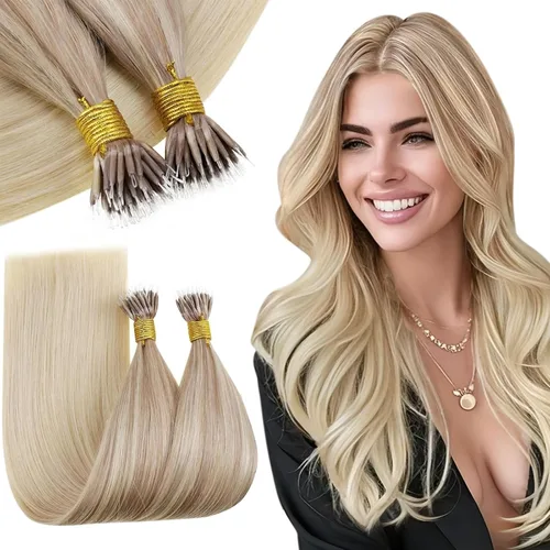 Vista 46 de RUNATURE Extensiones de cabello humano con punta en U, color marrón ceniza a rubio platino