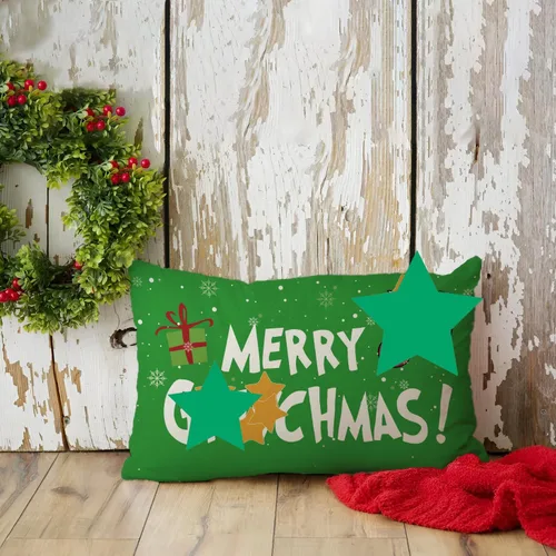 Vista 2 de Funda de almohada con texto en inglés "Merry Christmas", color verde, decoración de Navidad, funda de cojín de lino, 12 x 20 pulgadas