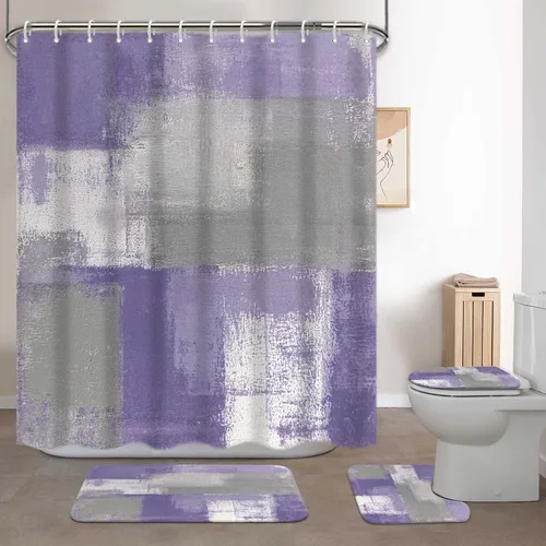Vista 7 de Lnond 4 Piezas Juegos de Cortinas de Ducha de Baño Moradas con Alfombras, Arte de Pintura Púrpura y Gris Juegos de Baño con Cortina de Ducha