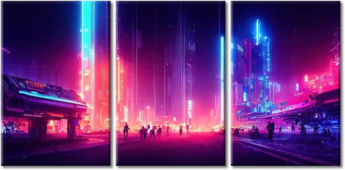 Vista 37 de Cuadros de 3 paneles de Cyberpunk City - Arte de pared de vallas publicitarias de edificios modernos en la capital con obras de arte modernas