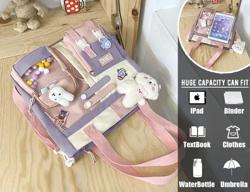 Vista 3 de Bolso de mano Kawaii con bonito dije de conejo y oso de felpa para niñas, mochila escolar para laptop, bandolera para estudiantes
