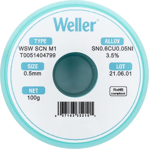 Vista 2 de Weller WSW SCN M1 (T0051404799) Alambre de soldadura, diámetro: 0.020 in / 0,020 pulgadas, peso: 100 g / 3,527 oz, aleación Sn99.3Cu0.6Ni0.05