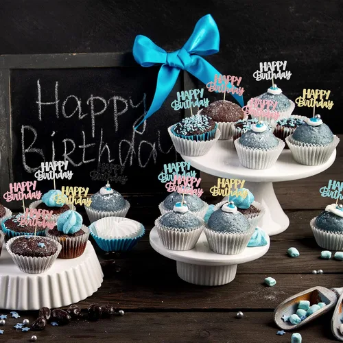 Vista 6 de Gyufise 24 piezas de decoración para pastel de cumpleaños con purpurina, adornos brillantes para pastel de cumpleaños, adornos de comida
