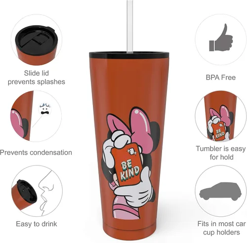 Vista 6 de Zak Designs Disney Minnie Mouse - Vaso de viaje de acero inoxidable con aislamiento al vacío con tapa a prueba de salpicaduras, incluye popote