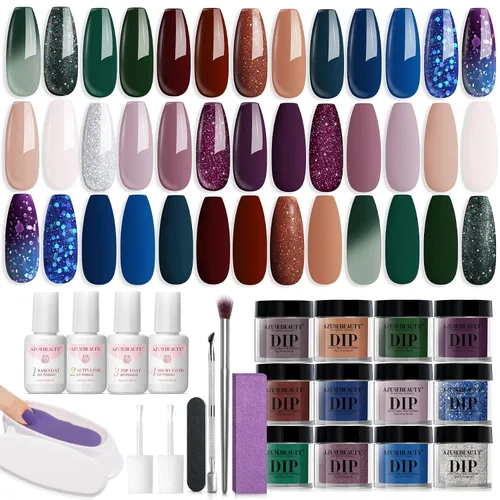 Vista 13 de AzureBeauty - Kit de 31 piezas de polvo de inmersión para uñas, otoño, invierno, rojo y verde con purpurina