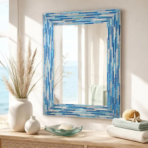 Vista 8 de Head West Espejo de tocador de mosaico negro con azulejos estriado de 24"x30" para pared de baño, espejo de vidrio rectangular impreso para sobre