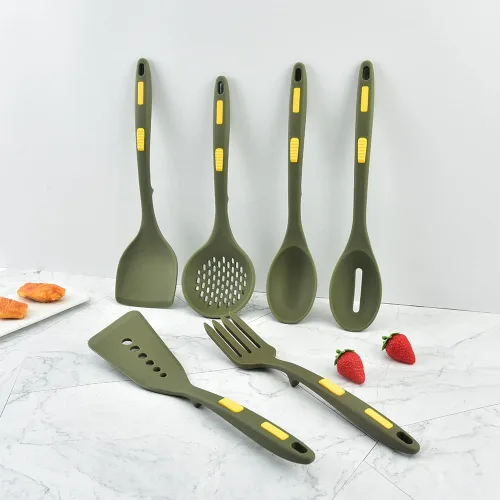 Vista 8 de Collfa Juego de utensilios de cocina de silicona resistentes al calor, antiadherentes, con ganchos, 7 cucharas ranuradas, espátula, tenedor