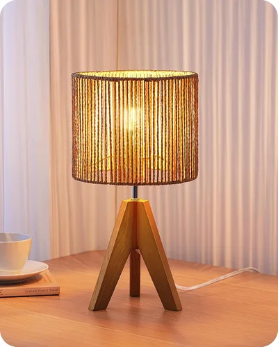 Vista 9 de EDISHINE Lámpara de mesa pequeña estilo Boho, lámpara de mesa de madera color nogal con trípode, lámpara de mesita de noche estilo granja