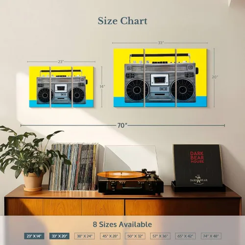 Vista 4 de ElephantStock - Retro Silver Boombox Wall Art - Horizontal Multi Panel Canvas - 3 Piece Living Room Wall Decor - Photography Music Multi Piece Wall