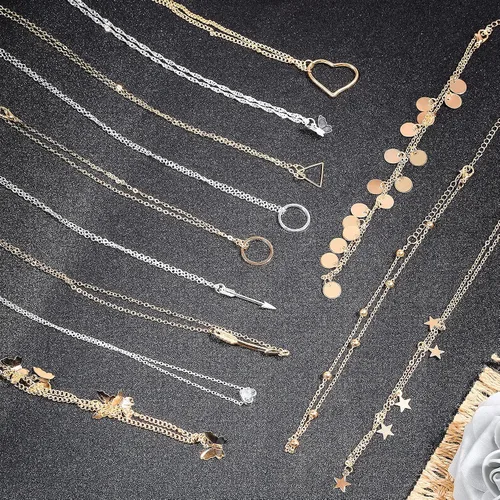 Vista 3 de Thrilez - Juego de 24 collares escalonados para mujeres adolescentes y niñas colores dorado y plateado simple y moderno joyería para usar