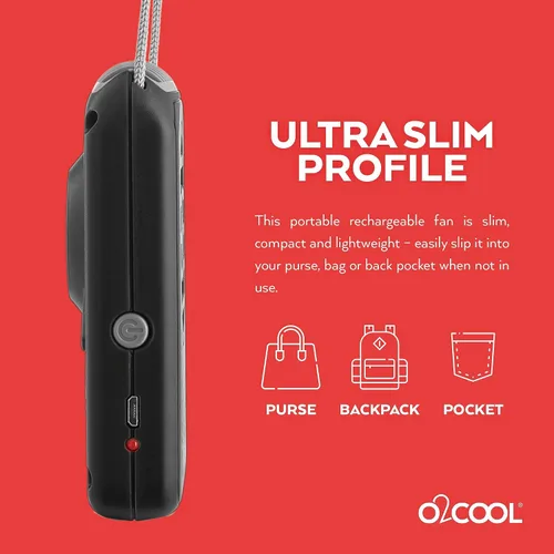 Vista 5 de O2COOL Ventilador de enfriamiento de cordón ajustable con batería USB de viaje personal para cuello portátil, (negro)