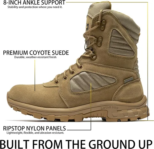 Vista 5 de ROCKROOSTER Burano Botas tácticas militares para hombre, 8 pulgadas, gamuza coyote y nailon, cremallera lateral YKK para poner y quitar fácilmente
