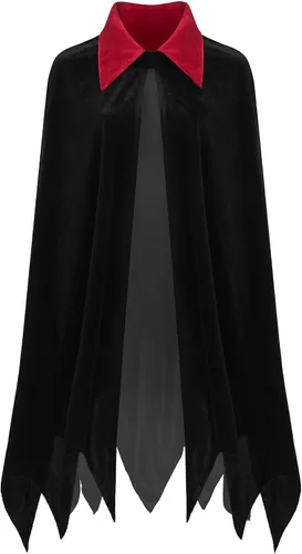 Vista 2 de Capa de vampiro, capa de terciopelo negro con cuello para disfraz Negro y rojo