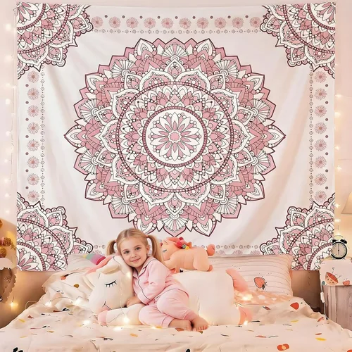 Vista 2 de Atrippy Tapiz de pared bohemio con mandala rosa para dormitorio, tapiz estético blanco y rosa, decoración de habitación para adolescentes y niñas