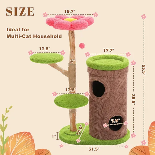 Vista 3 de PETEPELA Moderno árbol para gatos de interior grande para adultos con perca de flores, torre de flores para gatos de 53.5 pulgadas con poste