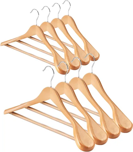 Vista 8 de AMKUFO Perchas de madera de hombro ancho, paquete de 8 perchas con barra antideslizante para pantalones, perchas de madera resistentes con acabado