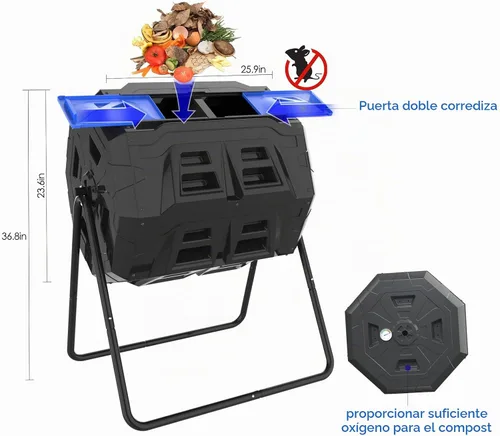 Vista 2 de SQUEEZE master Contenedor grande de compost, giratorio para jardín al aire libre con termómetro, medición automática de temperatura, marco de acero