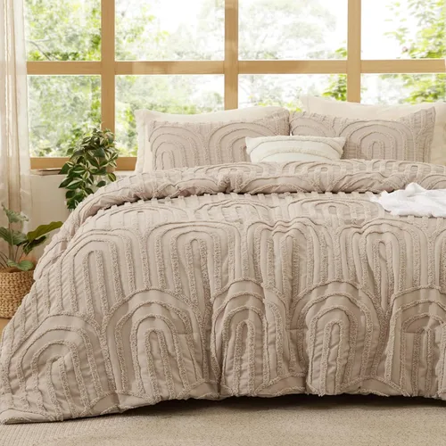 Vista 22 de Bedsure - Juego de edredón individual/King, juego de cama bohemio azul polvo capitoné, 3D, tipo jacquard, 2 piezas: 1 edredón estilo rústico chic