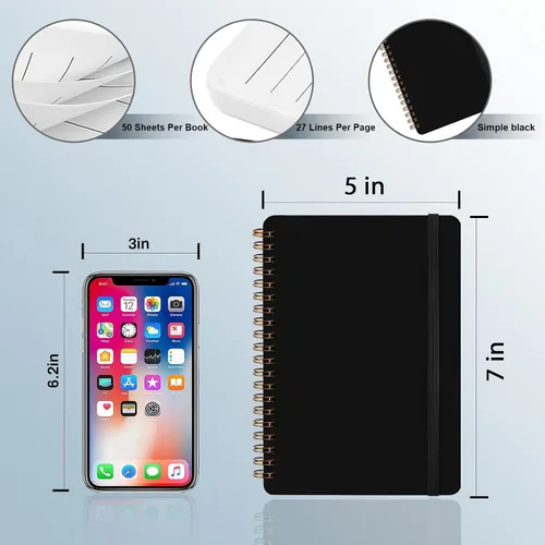 Vista 2 de 4 Pz Cuaderno en Espiral, Cuaderno Diario en Espiral, Cuadernos para Trabajo, Toma de Notas, Escuela, Cuadernos Pequeños con Correa, Cuadernos Negro