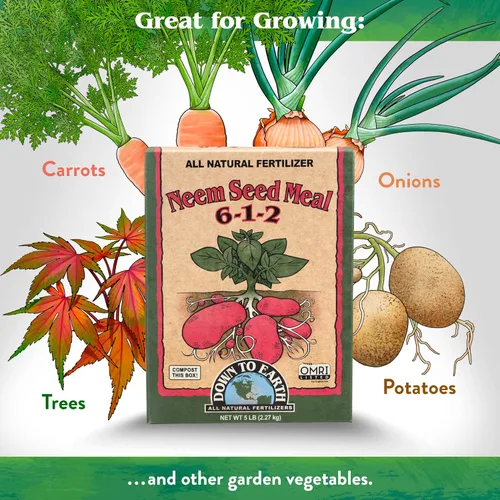 Vista 3 de Down To Earth. Alimento 100% natural para semillas de neem 5-1-2; fertilizante de 20 libras, 01312 Alimento vegetal para huertos, camas elevadas