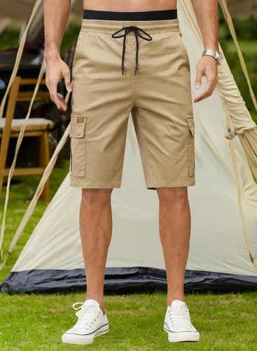 Vista 3 de JMIERR Pantalones cortos de sarga para hombre con cordón de algodón clásico elástico con 6 bolsillos