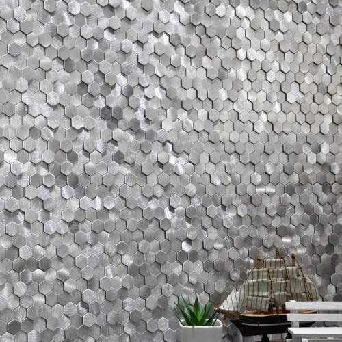Vista 3 de KASARO Azulejos para salpicadero autoadhesivos, 12 x 12 pulgadas, panel de pared de mosaico de metal hexagonal plateado 3D de 12 x 12 pulgadas