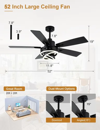 Vista 4 de Ventilador de araña de 52" con luces, ventilador de techo moderno negro con motor CC reversible para interiores, ventilador de techo